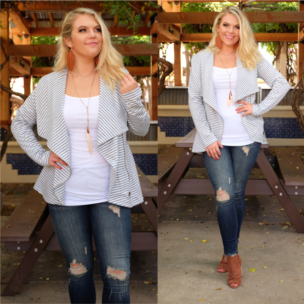 PLUS Gray Striped Asymmetrical ZIPUp Cardigan